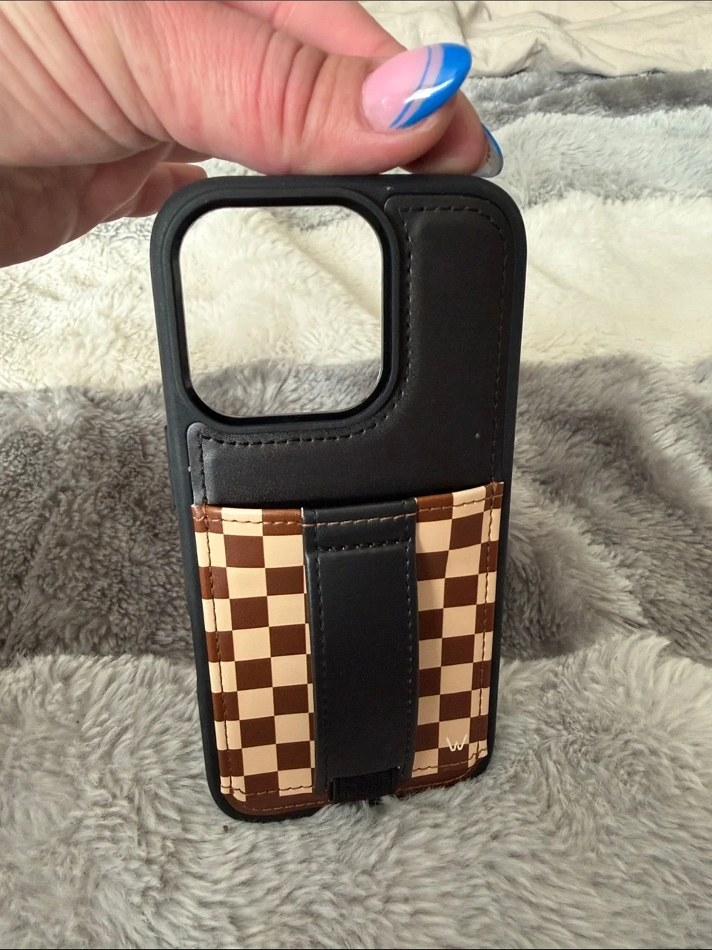 Black Phone Case with Brown Checker Accent and Hand Strap